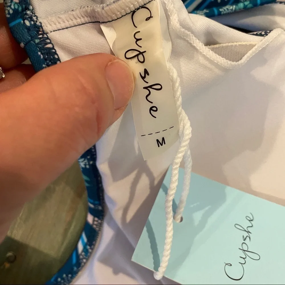 Cupshe NWT Sz Medium One Piece Swimsuit W/ Cutouts, Blue Floral & Stripes Print